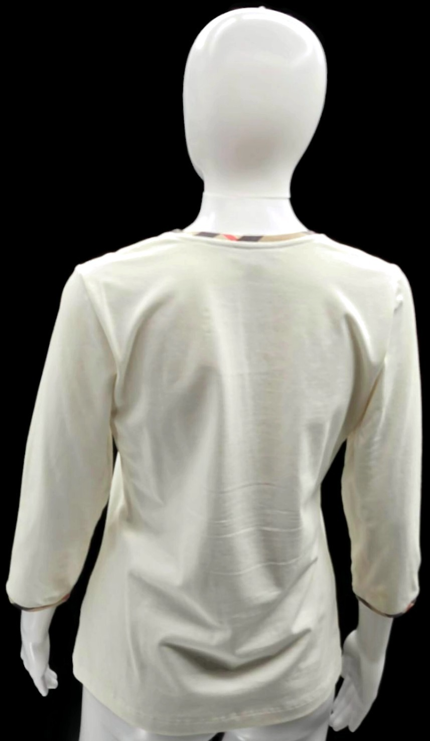 Burberry London Cream Ivory Check Trim Scoop Neck 3/4 Sleeve Top Women's Medium3
