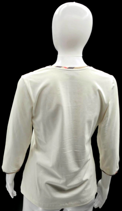 Burberry London Cream Ivory Check Trim Scoop Neck 3/4 Sleeve Top Women's Medium3