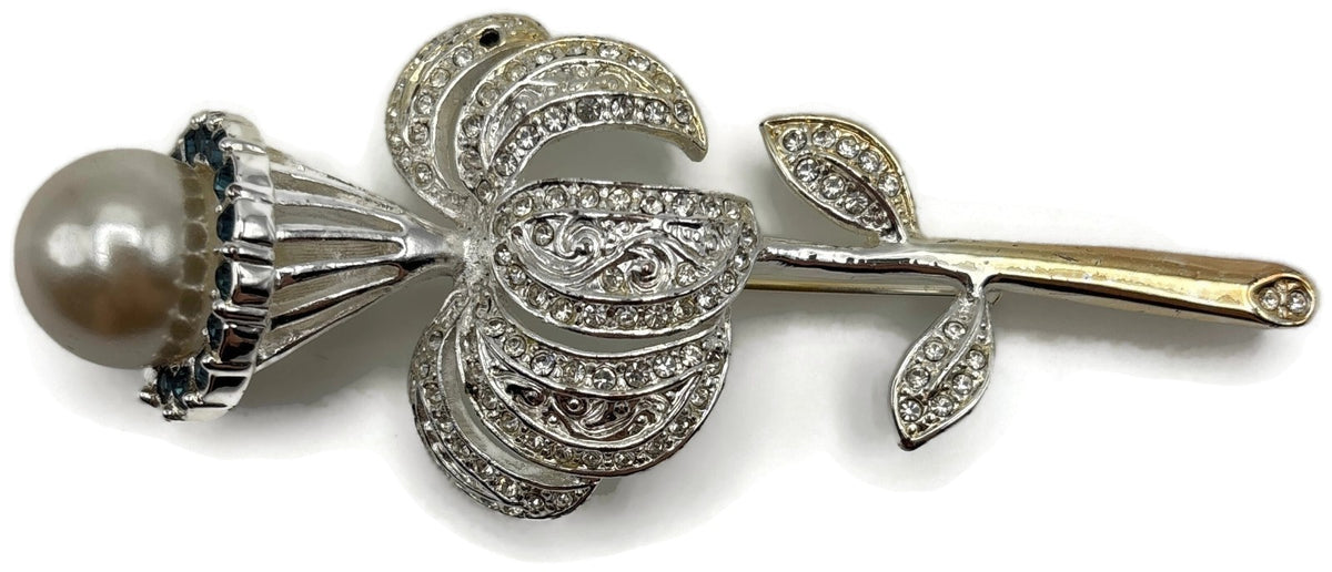 Vintage Rose Brooch Faux Pearl Black Clear Rhinestone Two Tone Flower Pin0