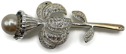 Vintage Rose Brooch Faux Pearl Black Clear Rhinestone Two Tone Flower Pin0