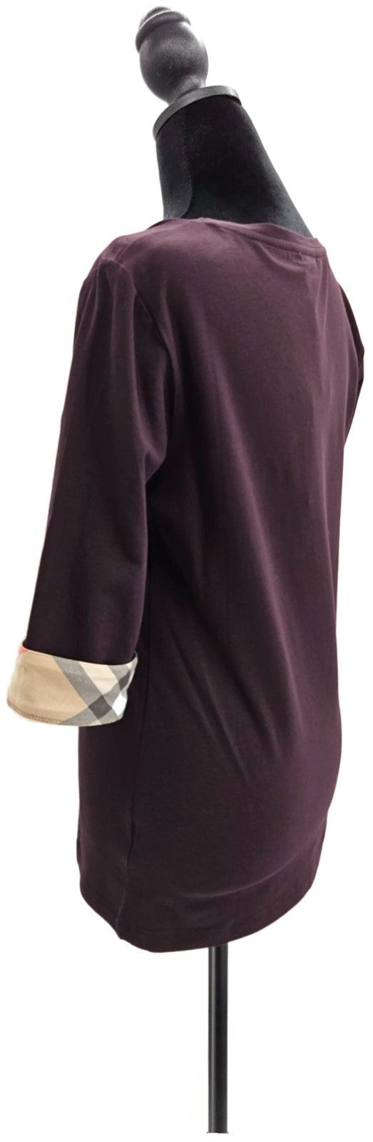 Burberry Brit Dark Black Currant Check Cuff Scoop Neck Top Medium NWT5