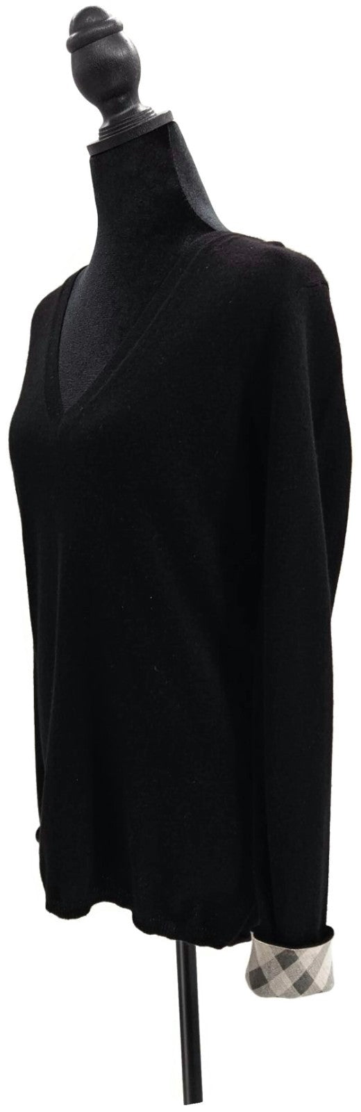 Burberry Brit Cashmere V Neck Sweater Black Plaid Check Cuff Pullover Sz Medium1