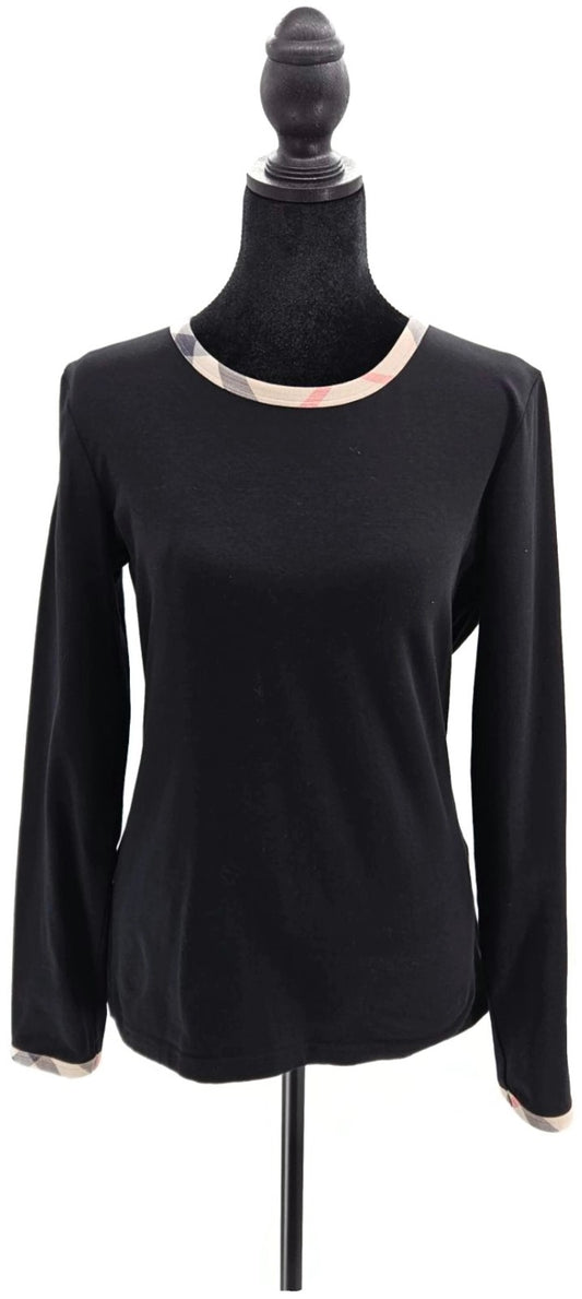 Burberry London Black Check Trim Cotton Long Sleeve Top Women's Medium0