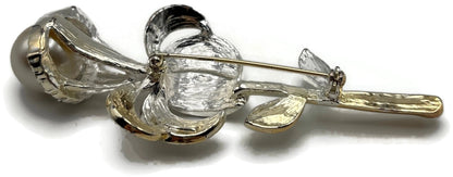 Vintage Rose Brooch Faux Pearl Black Clear Rhinestone Two Tone Flower Pin3