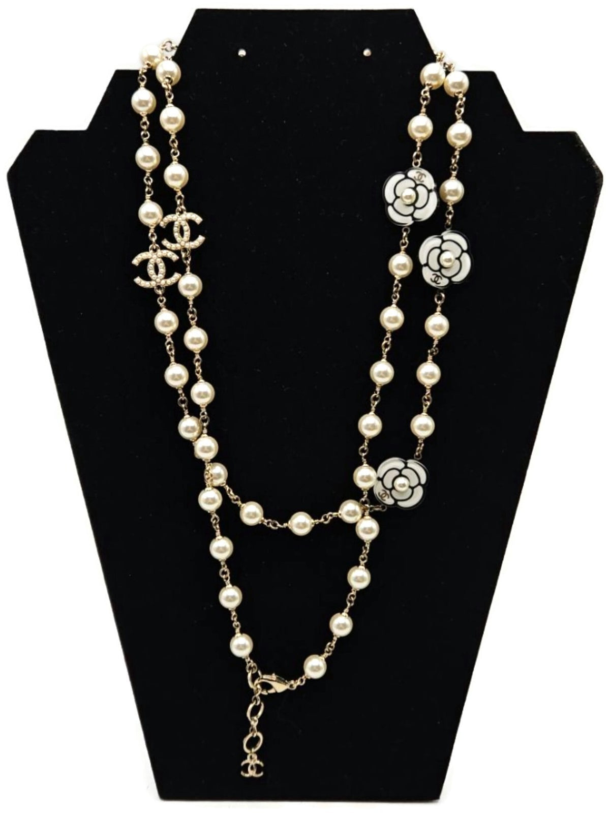 Chanel B19B Camellia Faux Pearl Crystal CC Long Necklace 2019 Gold w/ Box0