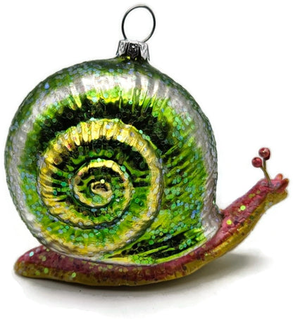 Green Glittered Snail Glass Christmas Ornament Spiral Shell0