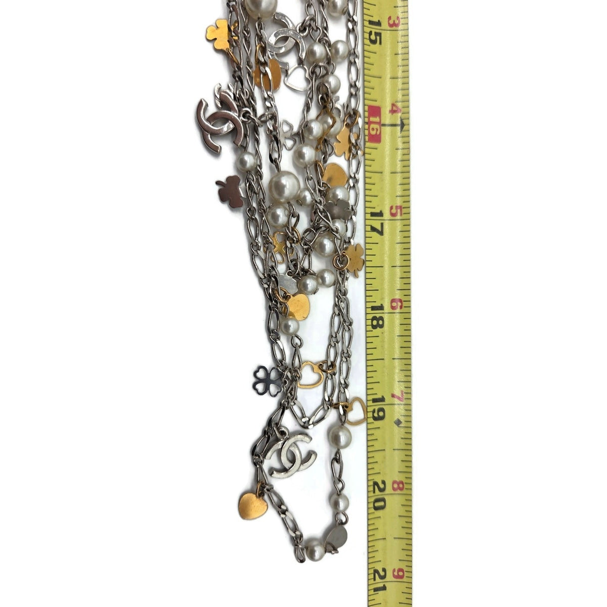 Chanel CoCo Three Strand Chain Faux Pearl Hearts Clover CC Logo Charm Necklace17