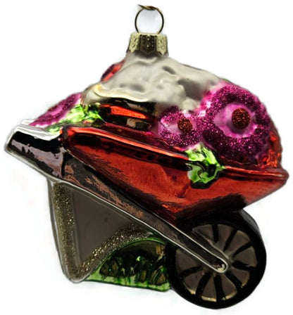 Floral Wheelbarrow Garden Flowers Blown Glass Christmas Holiday Tree Ornament7