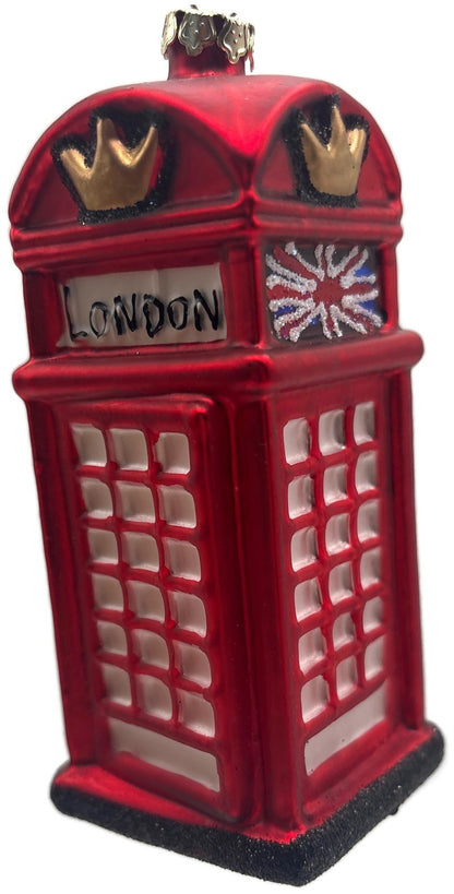 London Red Telephone Booth Crown Union Jack Glass Christmas Ornament England UK6