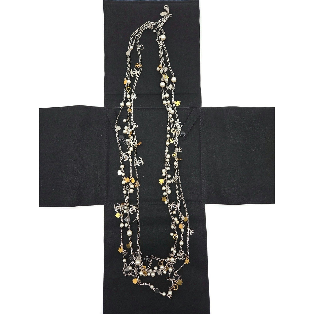 Chanel CoCo Three Strand Chain Faux Pearl Hearts Clover CC Logo Charm Necklace0