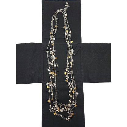 Chanel CoCo Three Strand Chain Faux Pearl Hearts Clover CC Logo Charm Necklace0