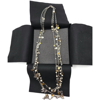 Chanel CoCo Three Strand Chain Faux Pearl Hearts Clover CC Logo Charm Necklace1