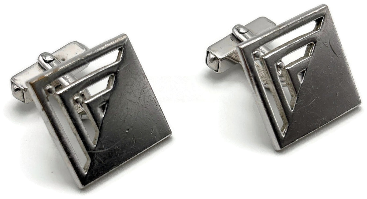 Swank Signed Men's Cuff Links Set Silver Tone Square Modernist Geometric Cutout9