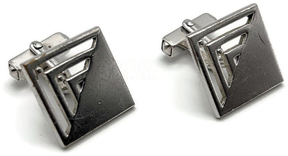 Swank Signed Men's Cuff Links Set Silver Tone Square Modernist Geometric Cutout9