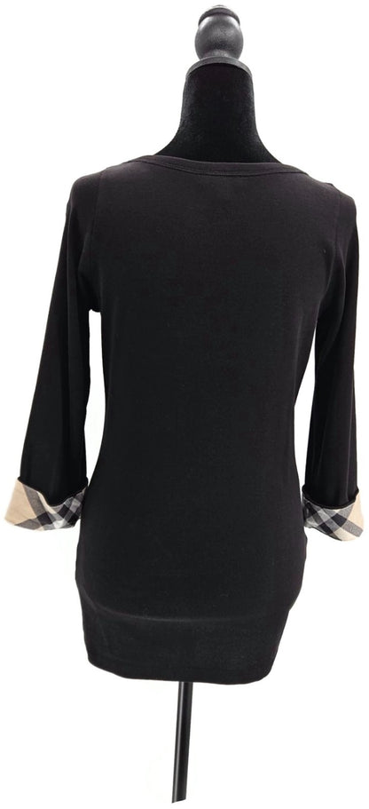Burberry Brit Nova Check Cuffs Scoop Neck Top Black 3/4 Sleeve Women Size Medium4