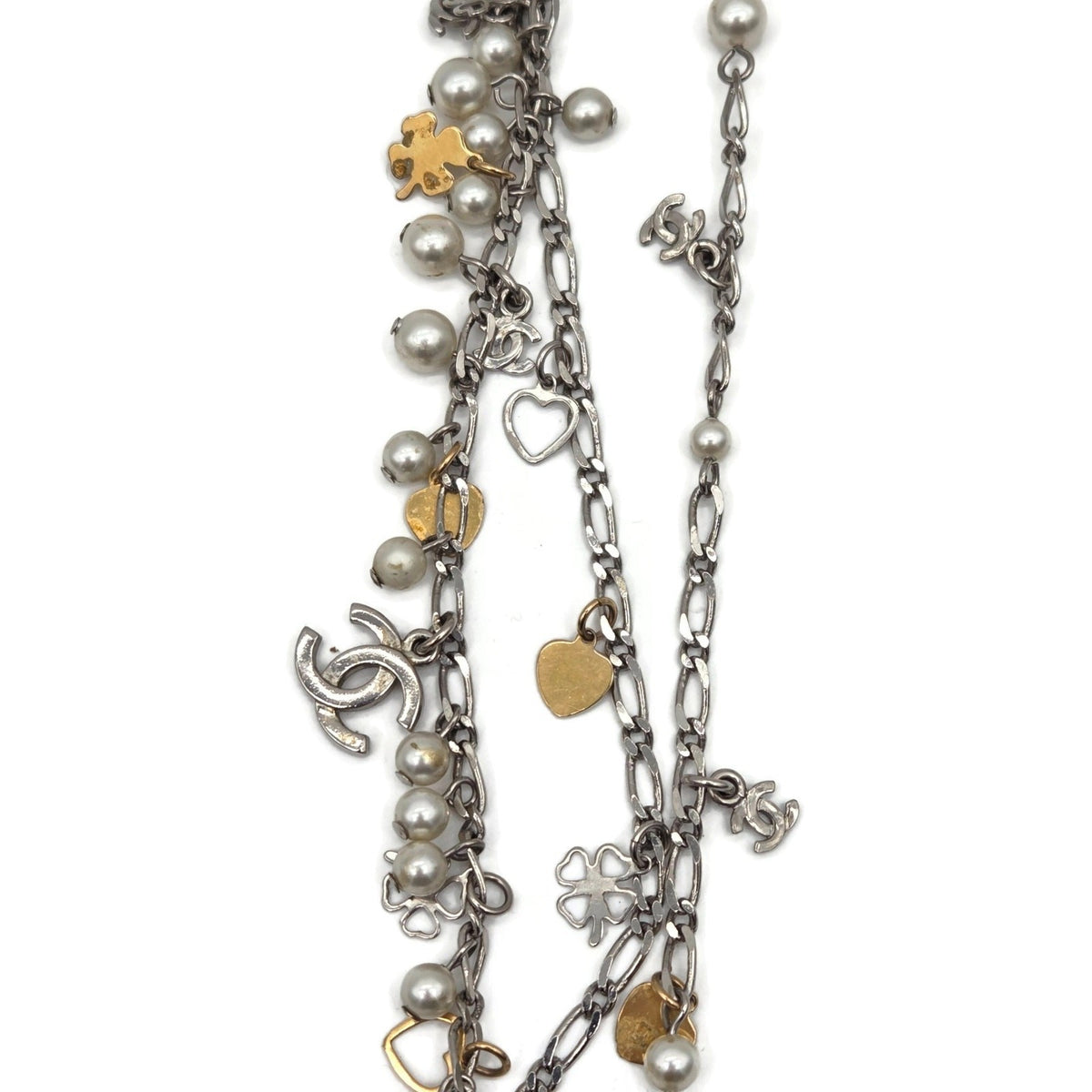 Chanel CoCo Three Strand Chain Faux Pearl Hearts Clover CC Logo Charm Necklace14