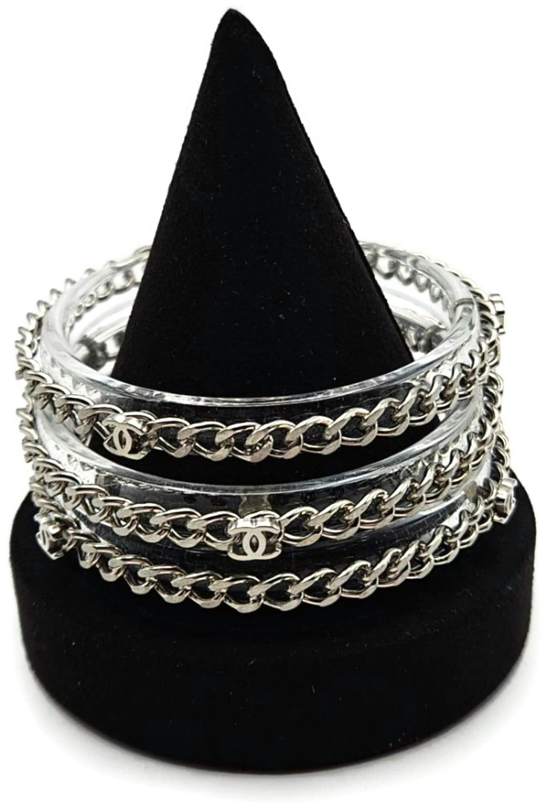 CHANEL Clear Acrylic Silver Chain Bangle Bracelet Set of 3 CC Logo Made in Italy1