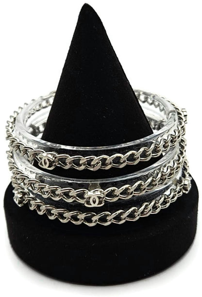CHANEL Clear Acrylic Silver Chain Bangle Bracelet Set of 3 CC Logo Made in Italy1