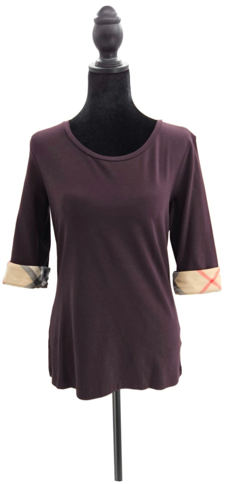 Burberry Brit Dark Black Currant Check Cuff Scoop Neck Top Medium NWT0