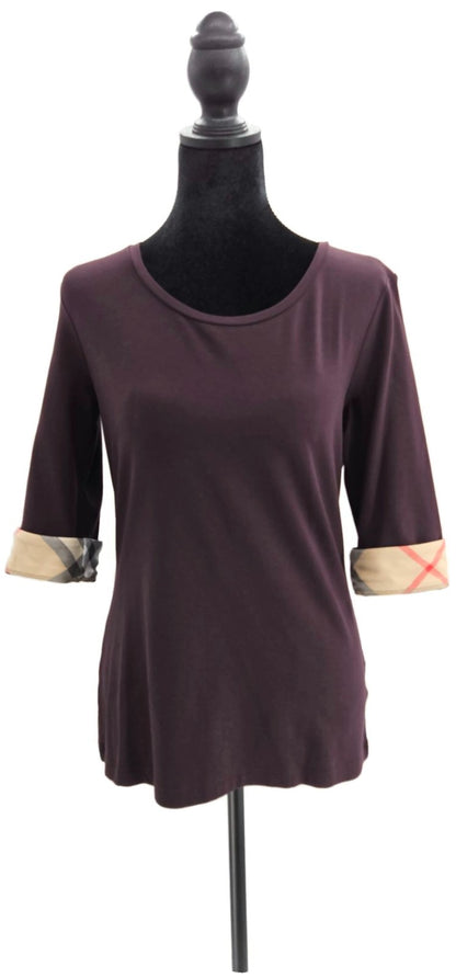 Burberry Brit Dark Black Currant Check Cuff Scoop Neck Top Medium NWT0