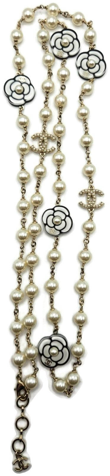 Chanel B19B Camellia Faux Pearl Crystal CC Long Necklace 2019 Gold w/ Box13