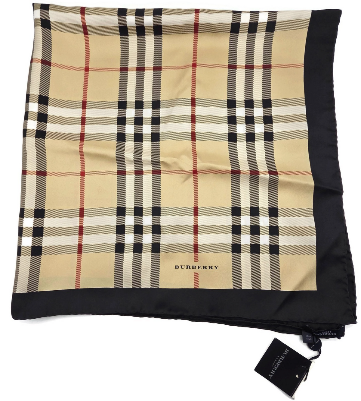 Burberry London Scarf Classic Check  Square Camel Beige New 100% Silk 34 X 348