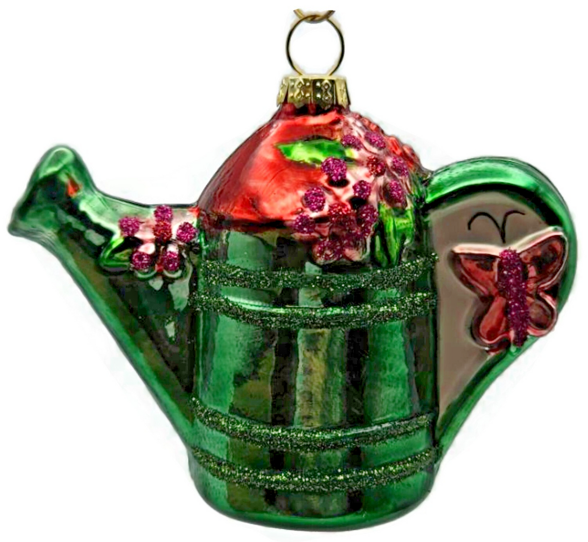 Gisela Graham Green Watering Can Floral Butterfly Striped Christmas Ornament0