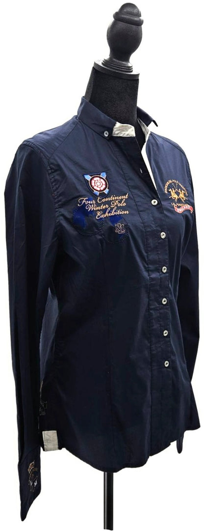 La Martina Copa England Exhibition Navy Embroidered Shirt Women's Size 4 NWT7