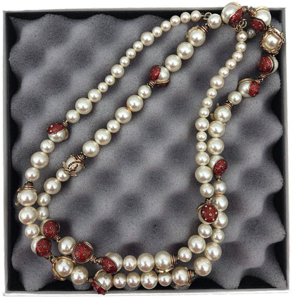 Chanel 18P Ladybug Faux Pearl Red Enamel Crystal Necklace Gold Tone Box Pouch4