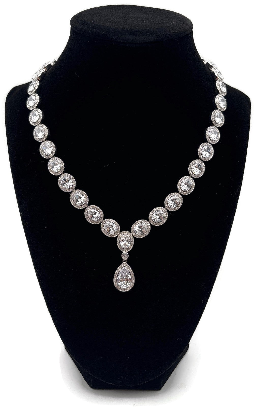 Nadri CZ Pear Drop Frontal Necklace Rhodium Halo Cubic Zirconia 16in0