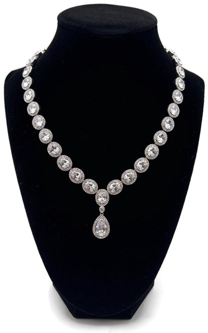 Nadri CZ Pear Drop Frontal Necklace Rhodium Halo Cubic Zirconia 16in0