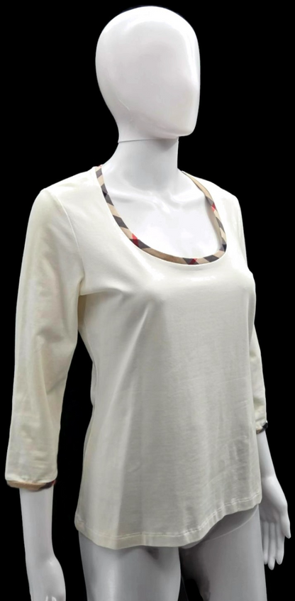 Burberry London Cream Ivory Check Trim Scoop Neck 3/4 Sleeve Top Women's Medium6