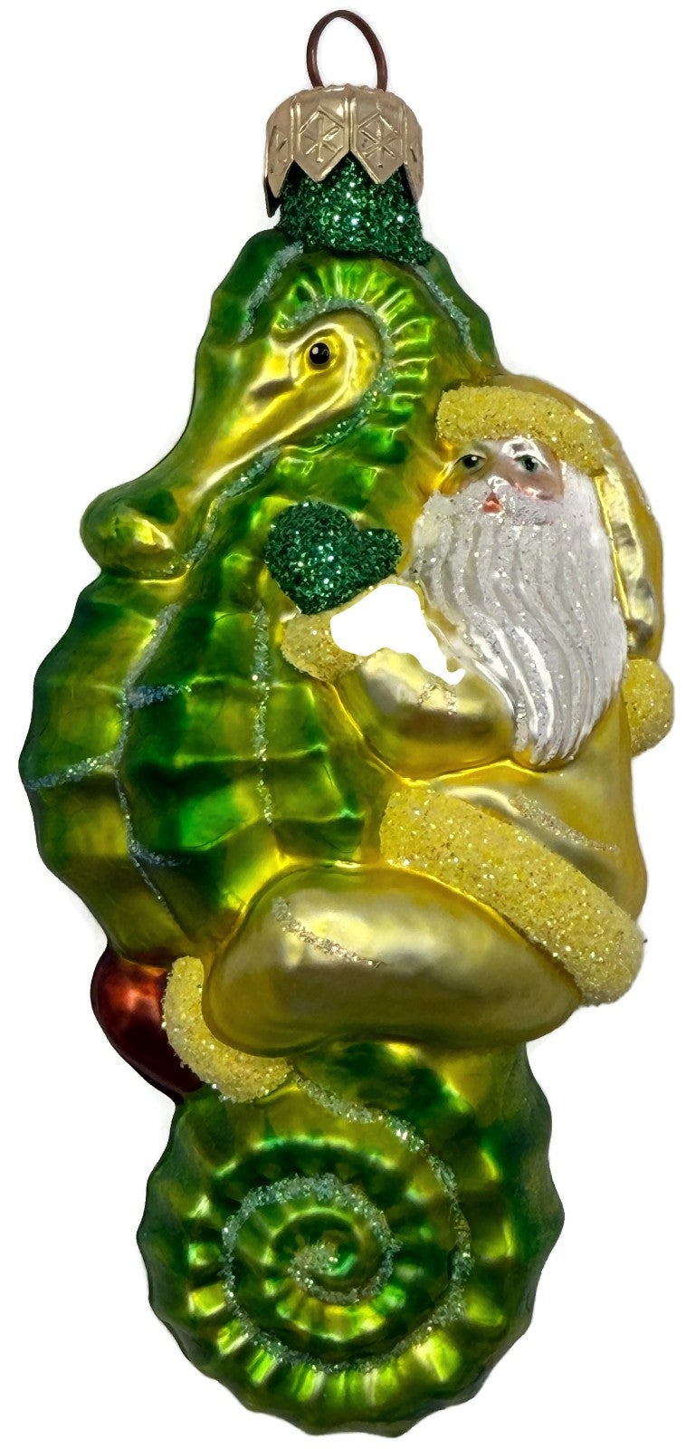 Patricia Breen Hi Ho Santa Yellow Green Seahorse Glass Christmas Ornament 99141