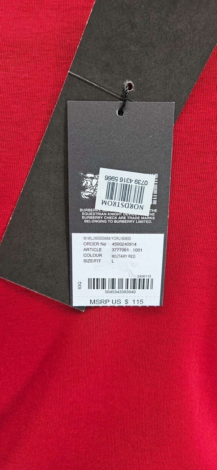 Burberry Brit Red Top Nova Check Cuff Scoop Neck 3/4 Sleeves Womens Sz Large NWT12