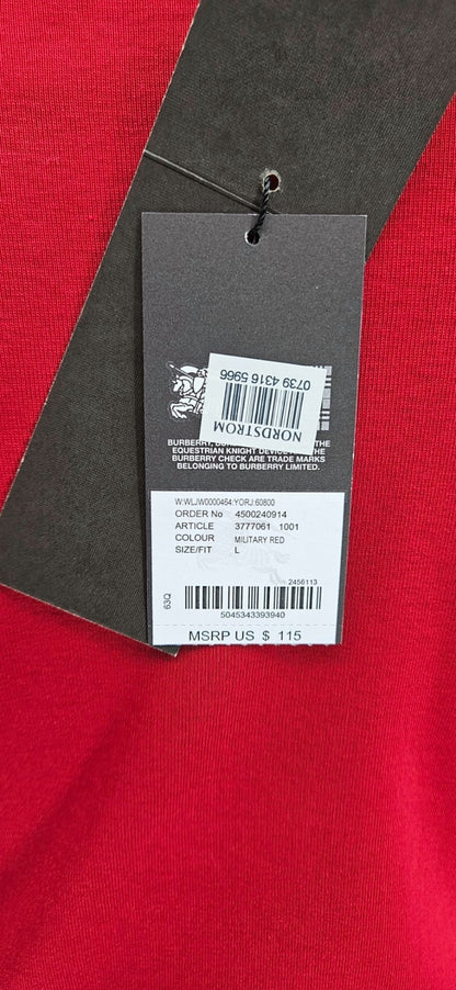 Burberry Brit Red Top Nova Check Cuff Scoop Neck 3/4 Sleeves Womens Sz Large NWT12