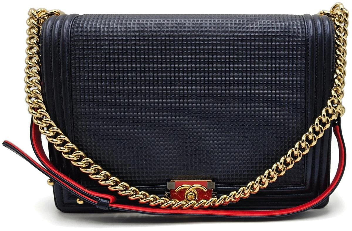 CHANEL Large Boy Flap Bag Navy Blue Calfskin Leather Gold Hardware Shoulder Bag3