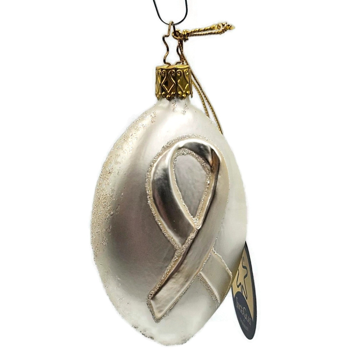 Inge Glass White Ribbon Glass Breast Cancer Charity German Christmas Ornament1