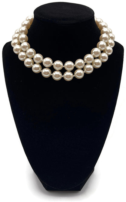 Carolee Signed Double Strand Faux Pearl Choker Necklace Gold Tone Heart Charm0
