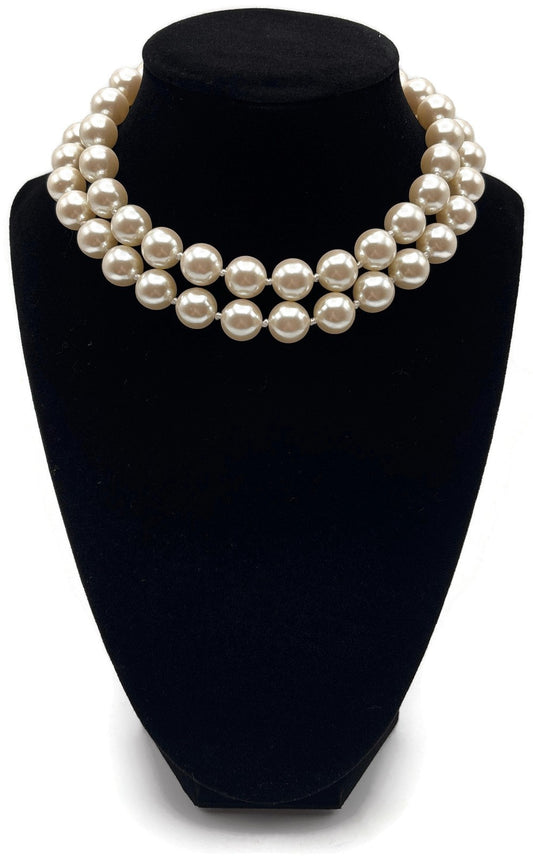 Carolee Signed Double Strand Faux Pearl Choker Necklace Gold Tone Heart Charm0