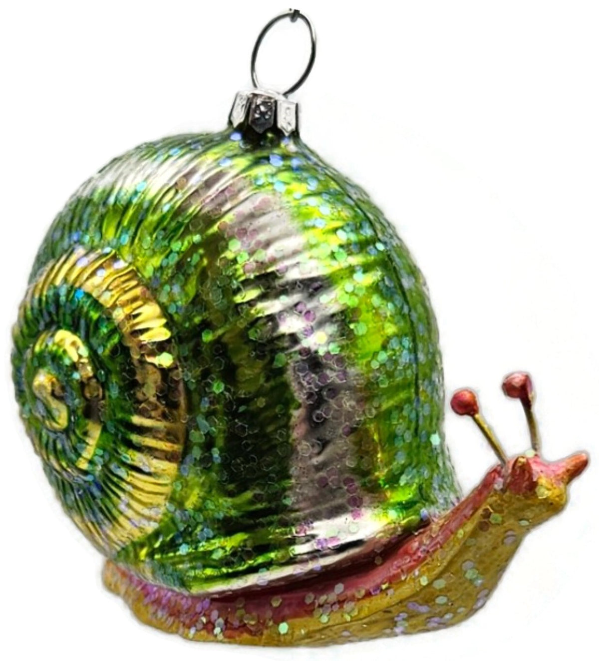 Green Glittered Snail Glass Christmas Ornament Spiral Shell3