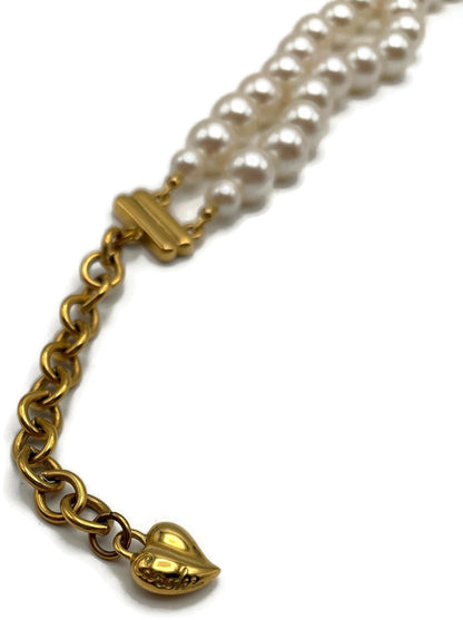 Carolee Signed Double Strand Faux Pearl Choker Necklace Gold Tone Heart Charm8
