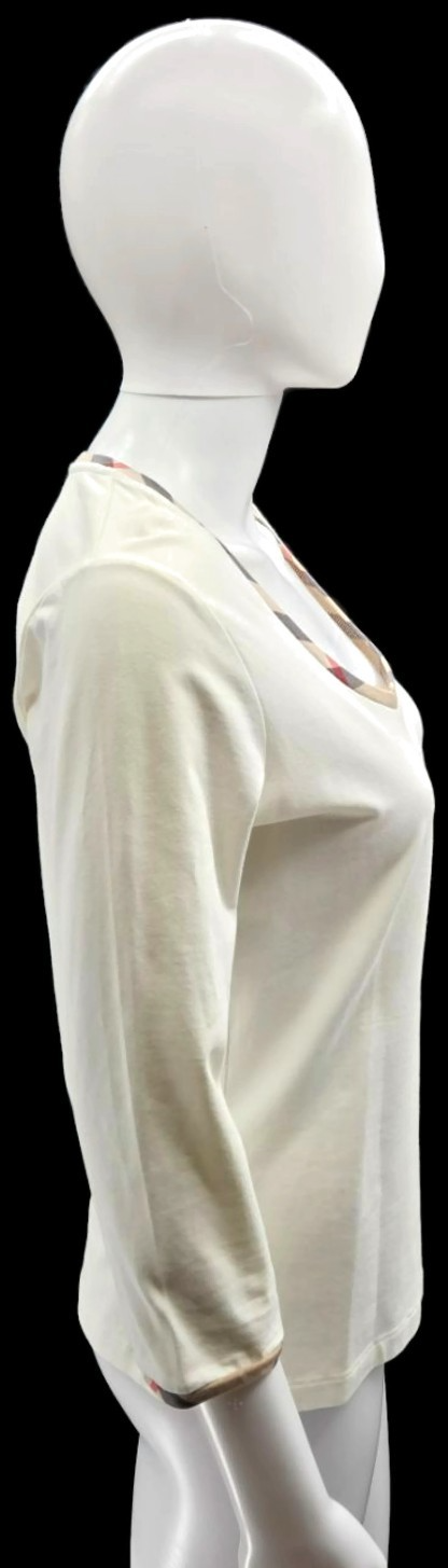 Burberry London Cream Ivory Check Trim Scoop Neck 3/4 Sleeve Top Women's Medium5