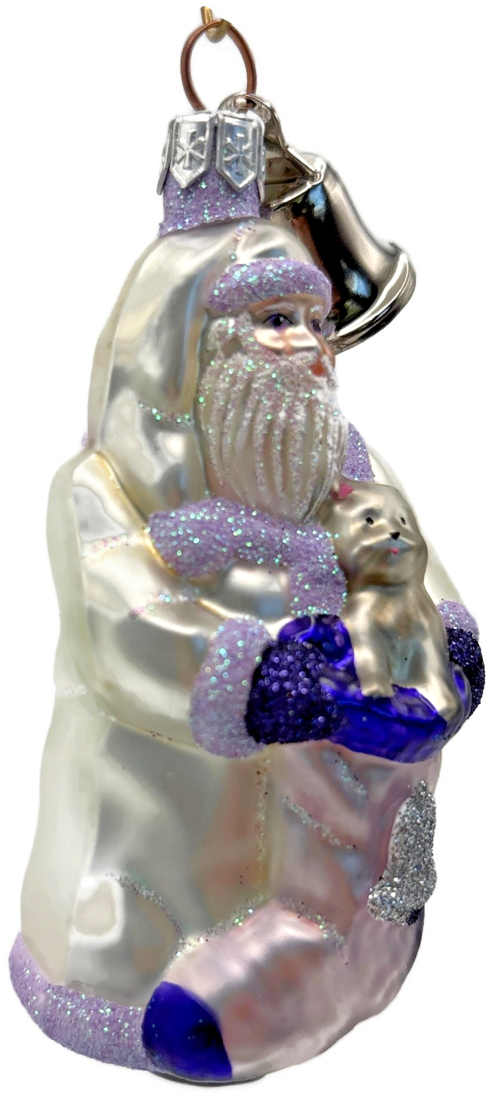 Patricia Breen Santa With Kitten Bell Lavender Glass  Christmas Ornament 2000CO4