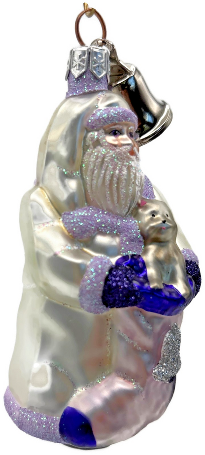 Patricia Breen Santa With Kitten Bell Lavender Glass  Christmas Ornament 2000CO4