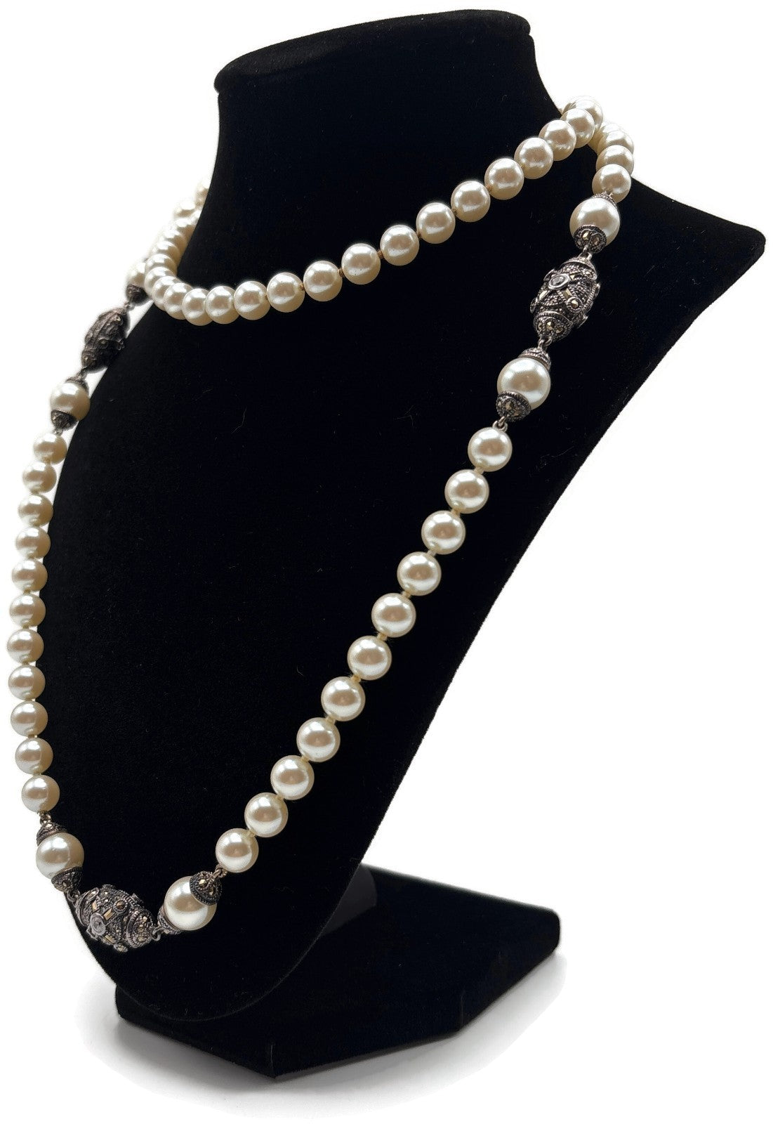 Vintage 36" Pearl Look Station Necklace Silver Tone Black Rhinestone Long Opera1