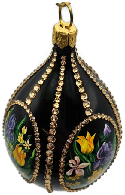 Patricia Breen Medium Egg Spring 1610 Jeweled Black Floral Easter Ornament 33144
