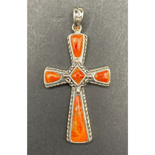 Sponge Coral Orange Stone Cross Pendant 925 Sterling Silver Crystal NK Thailand