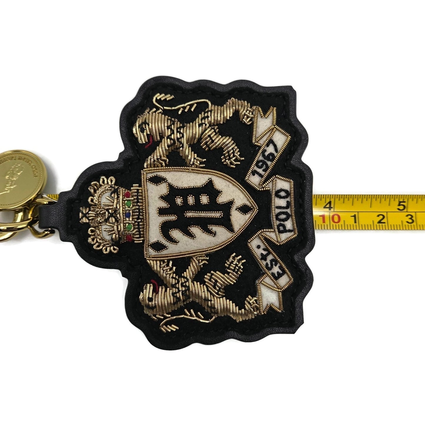 Polo Ralph Lauren Gold Black Leather Tag Double Lion Charm Keychain One Size NWT