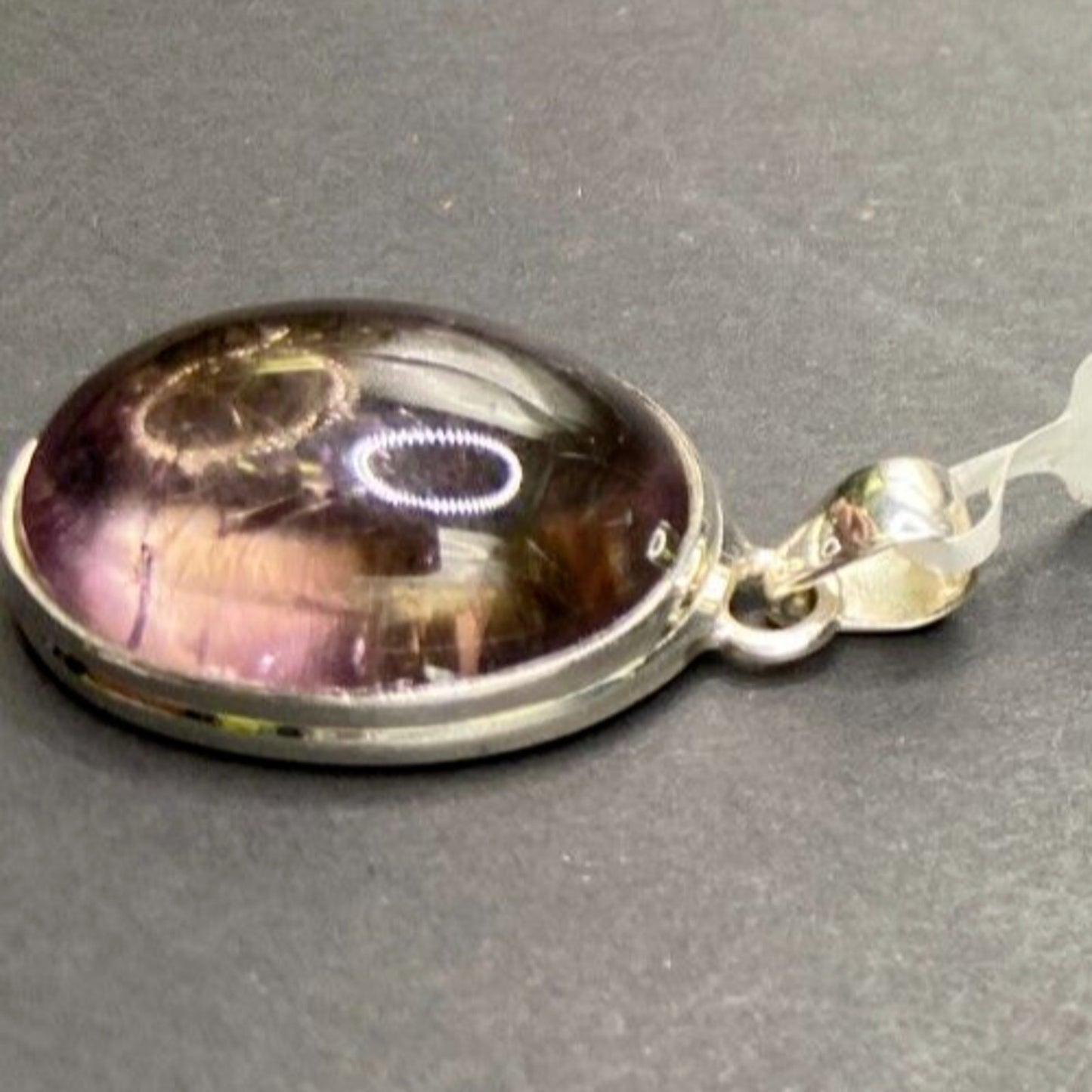 Polished Ametrine Gemstone Pendant Purple Oval Cabochon Silver Tone Fine Jewelry