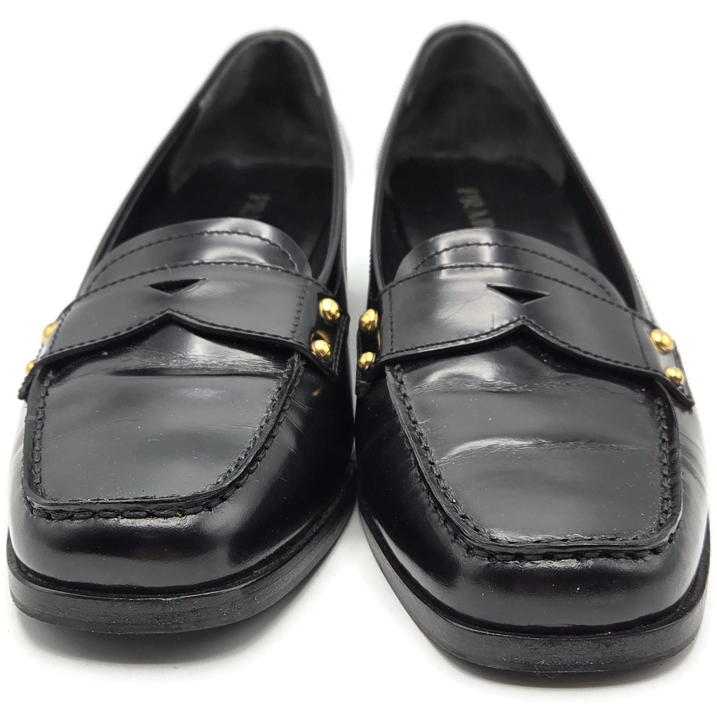 Prada Black Leather Loafer 1D9558 Gold Studs Flats Square Toe Womens Size EU 39